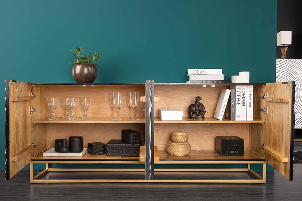 Massives Sideboard ZEN CIRCLES 180cm weiß schwarz gold Mangoholz 3D-Design