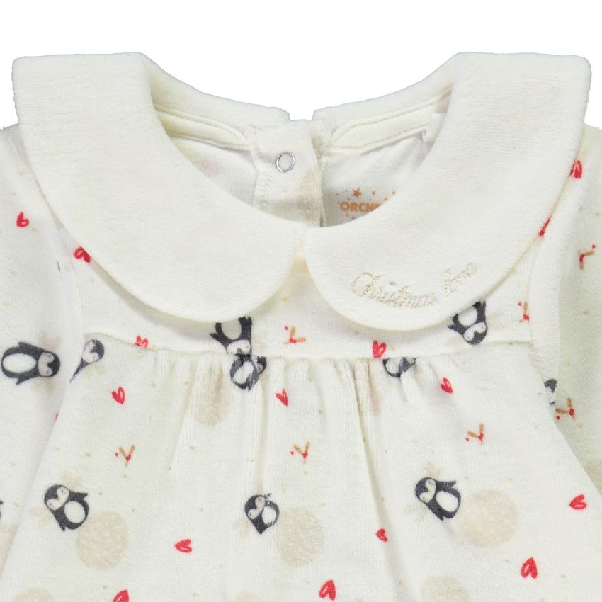 Dors-bien en velours imprimé fantaisie pour bébé fille - Ecru