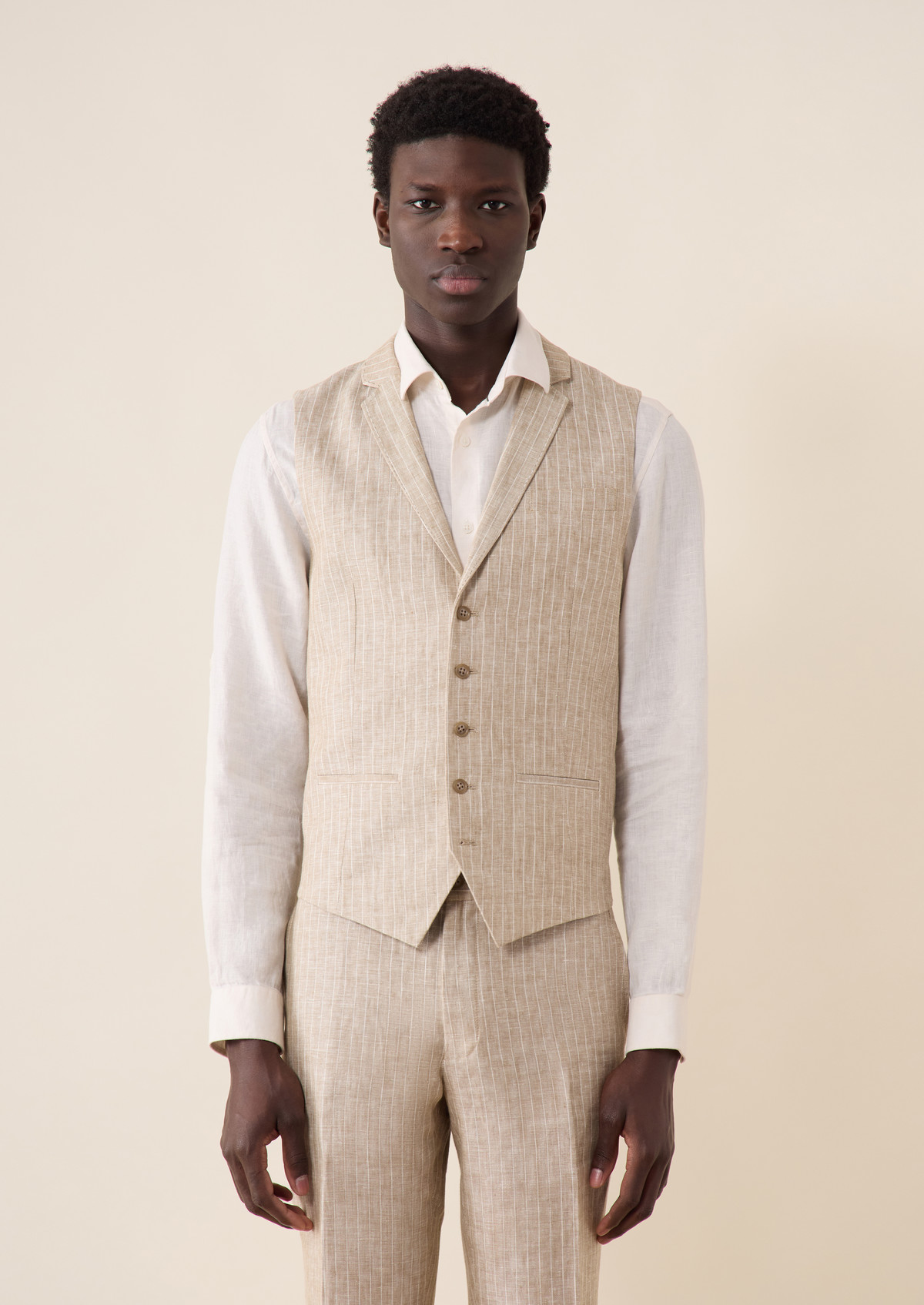 Gilet casual en lin beige à rayures blanches
