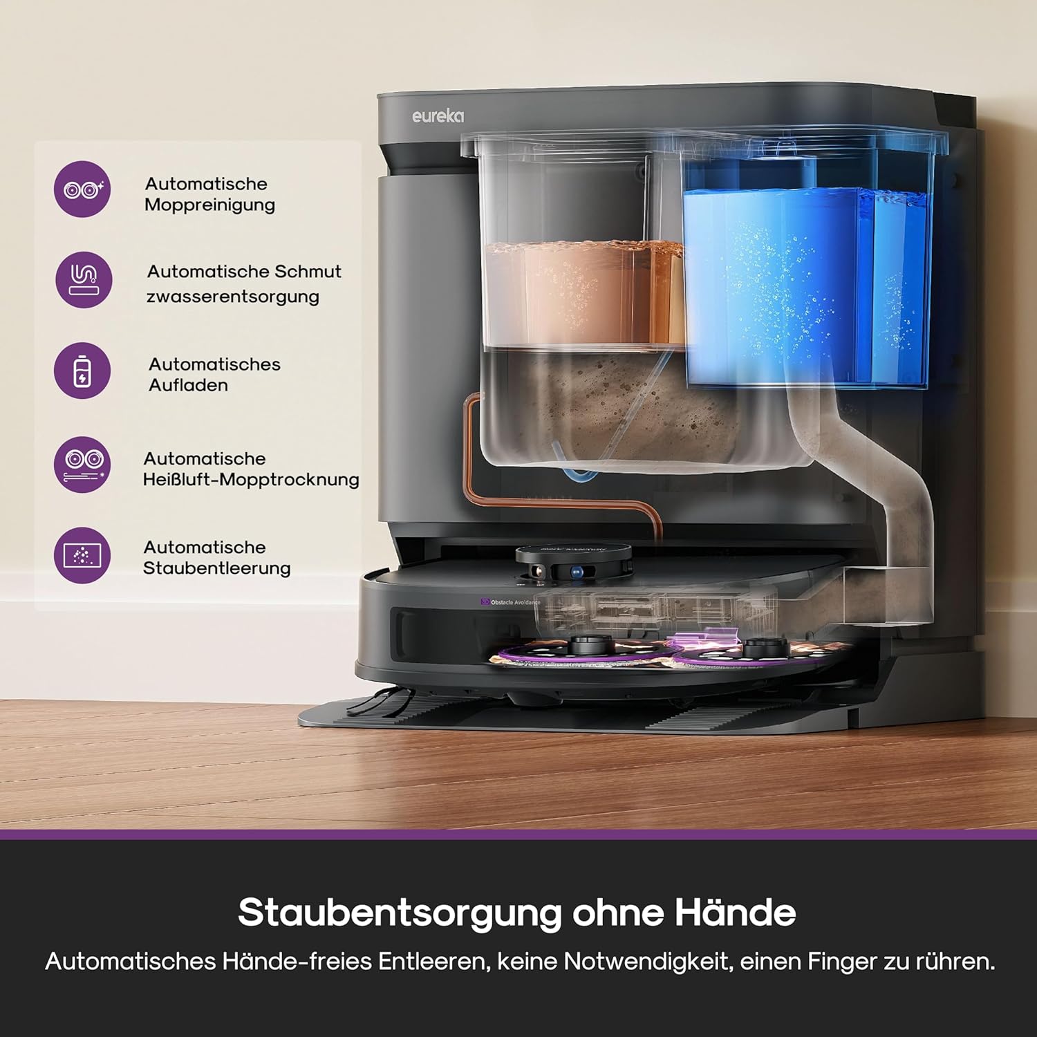 Eureka J15 Evo Ultra Saugroboter mit Wischfunktion Absaugstation, 22000 Pa Saugkraft, Automatische Wischarm-Erweiterung, Anti-Wickel-Hauptbürste & Seitenbürste, Saug Wischroboter mit Selbstreinigung