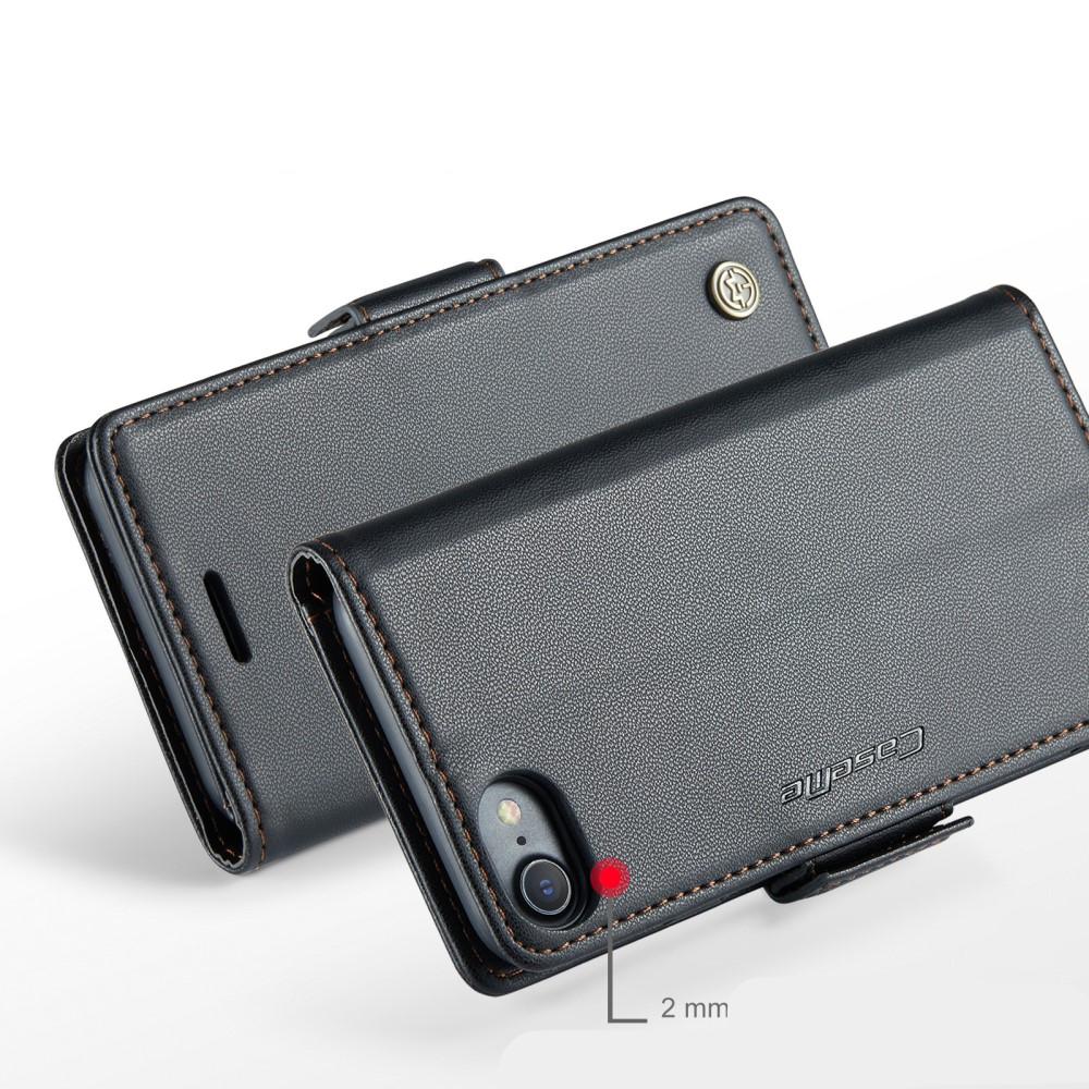 iPhone SE (2022/2020) / 8 / 7 / 6S Leder Tasche Flip Wallet Etui mit Kartenfächern Litchi Look (RFID Schutz) - Schwarz