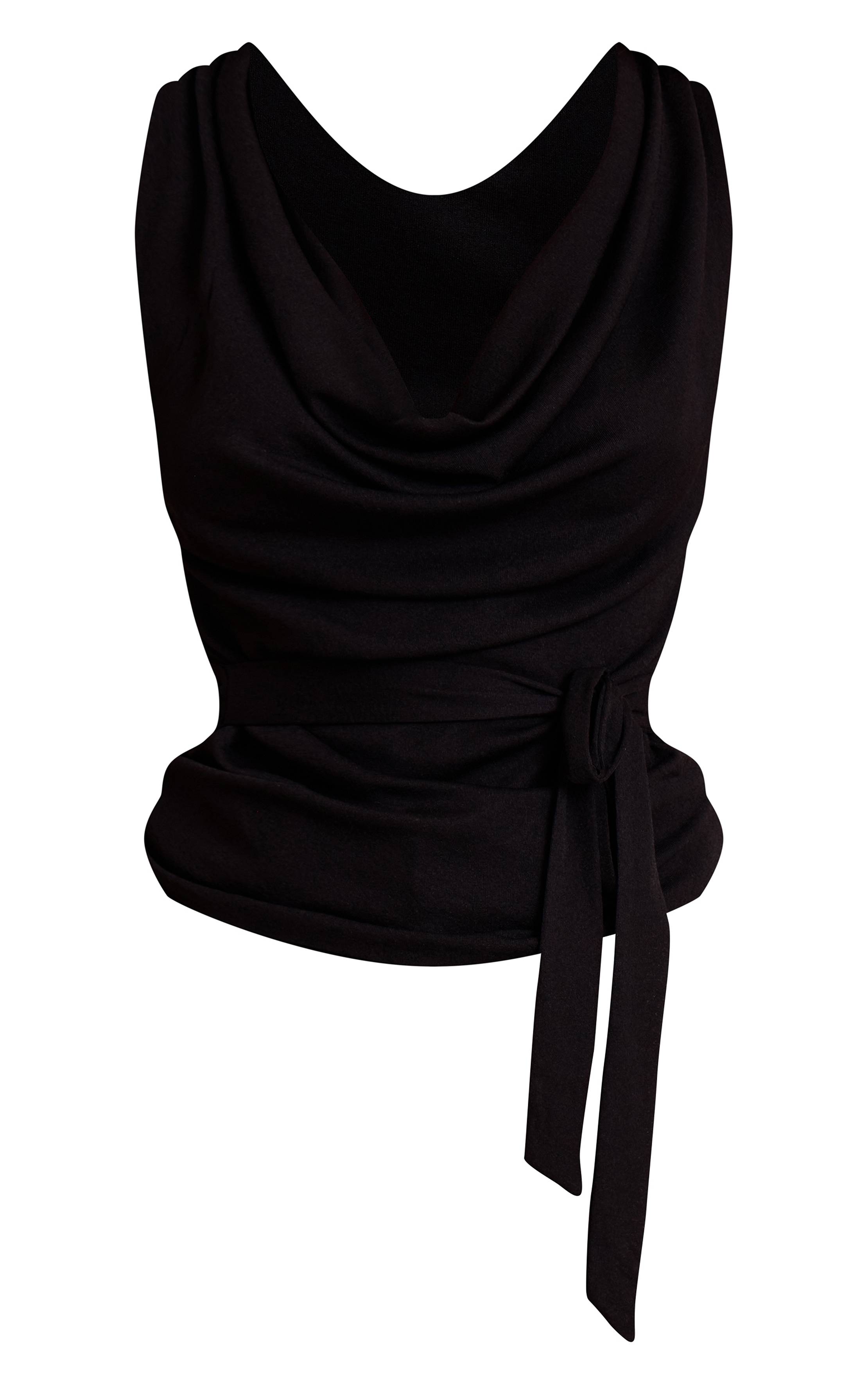 Noir Haut Long Beige En Mesh Dévoré Avec Col Bénitier Et Détail Ceinture Nouée À La Taille