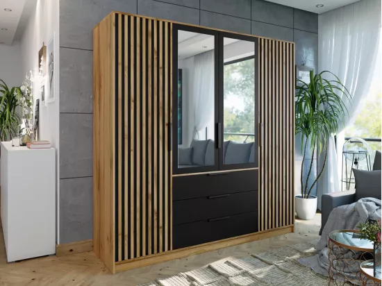 Armoire Enolevo 102, Noir|Chêne wotan, 200x196x58cm, Nombre d'étagères: 8