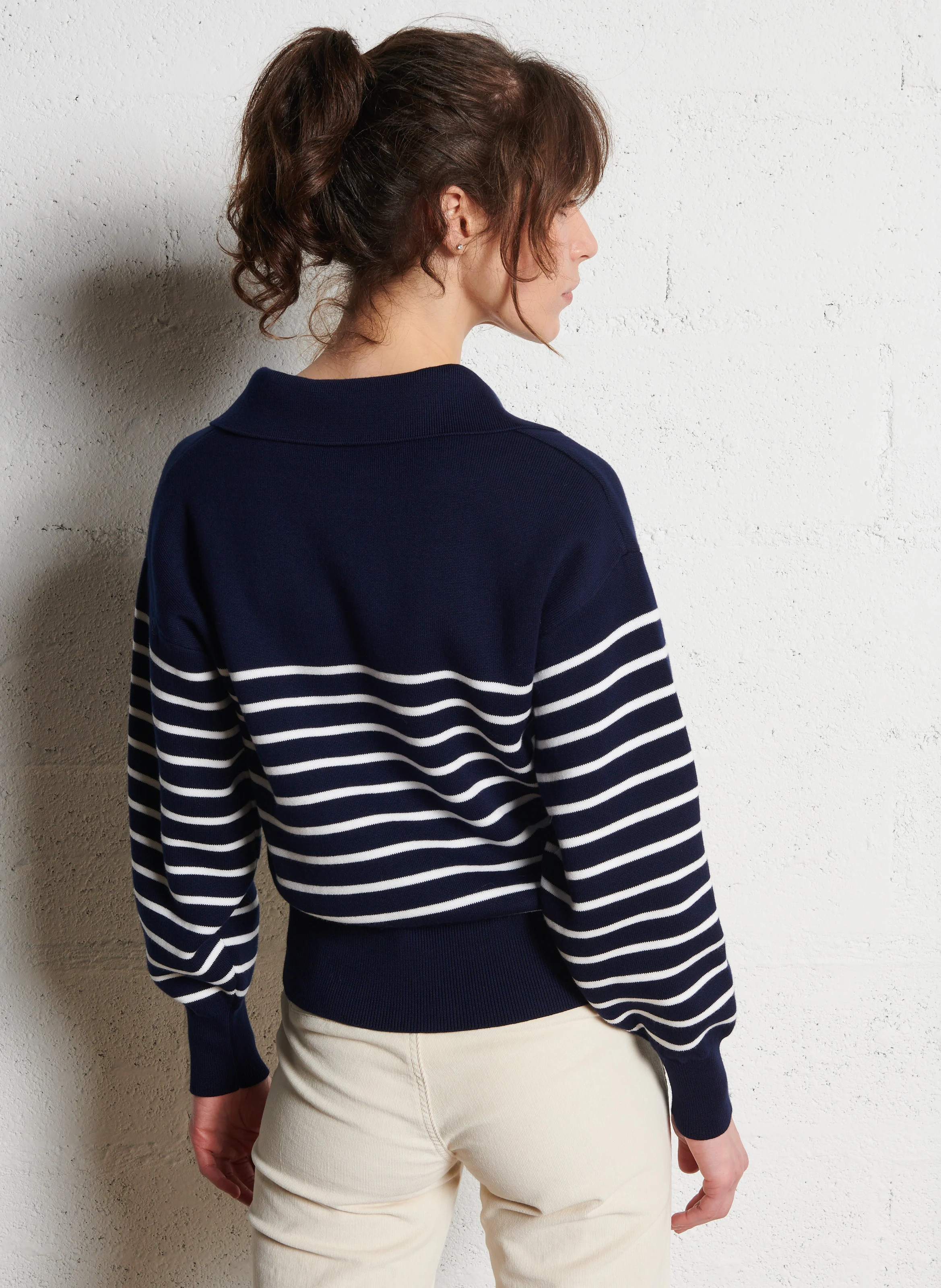 ANTONELLA - Pull col classique rayé en coton| Bleu