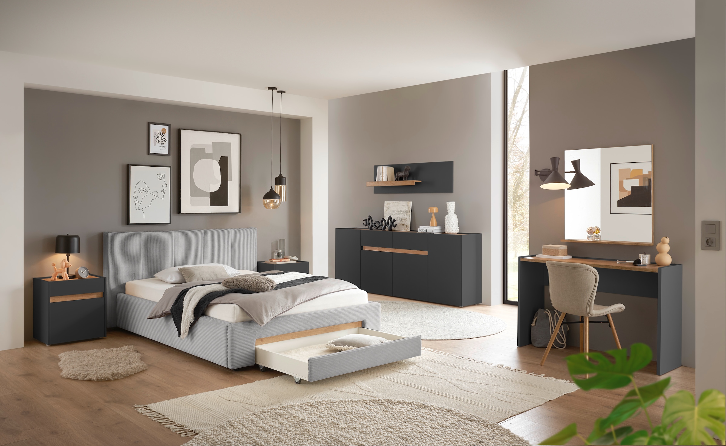 INOSIGN Polsterbett »CiTY/GiRON, Bettgestell mit Bettkasten, gepolstertes Stauraumbett« mit Hundebett oder Stauraumschublade, Bezug Cord-oder Leinenoptik