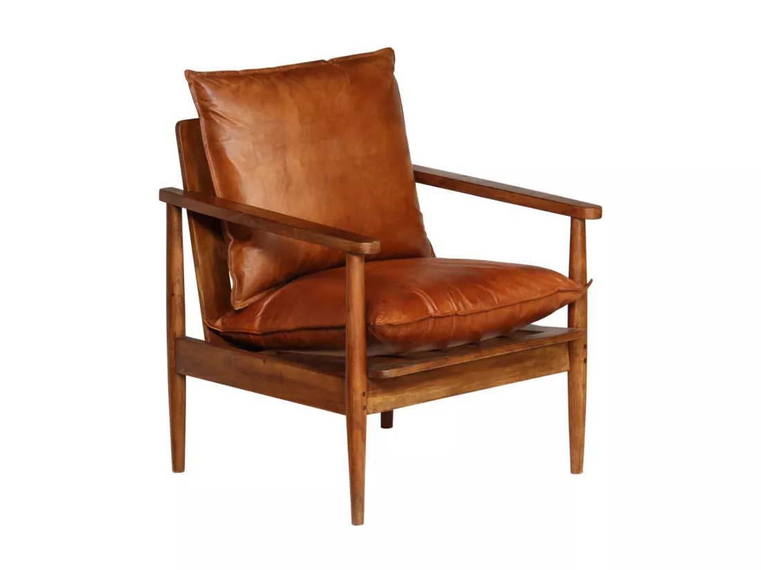 Fauteuil Marron Cuir véritable avec bois d'acacia