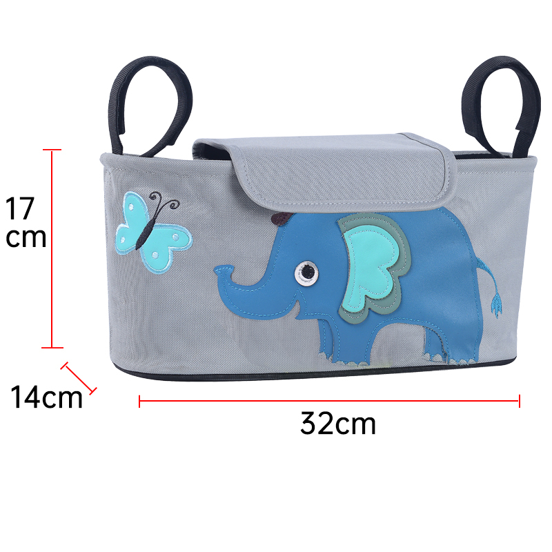 (32x17x14cm) Kinderwagen Organizer Tasche Wickeltasche Aufbewahrungsfächer für Windeln / Milchflasche / Kleidung - Elefant / Blau