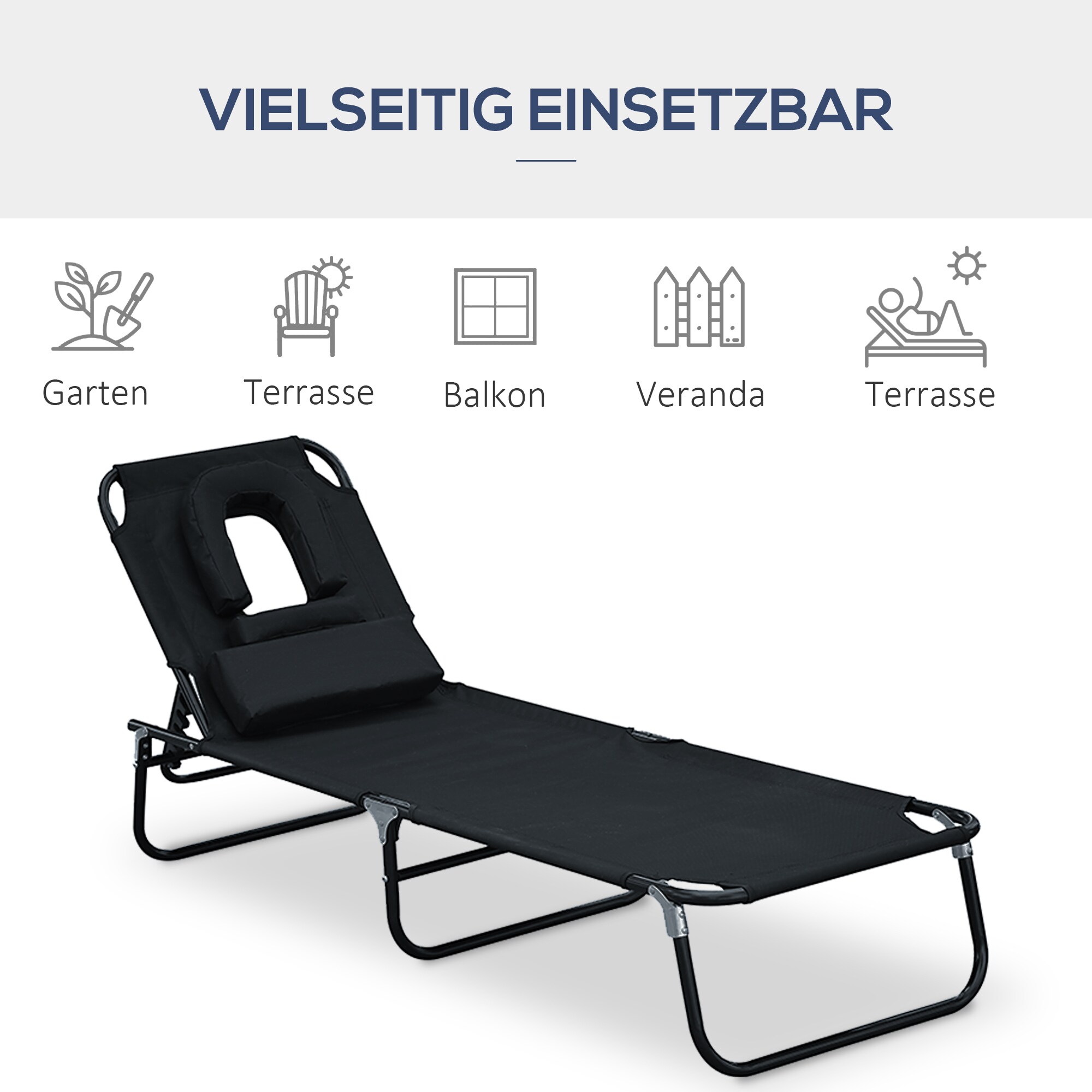 Outsunny Gartenliege mit Gesichtsöffnung schwarz 190 x 56 x 28 cm (LxBxH)