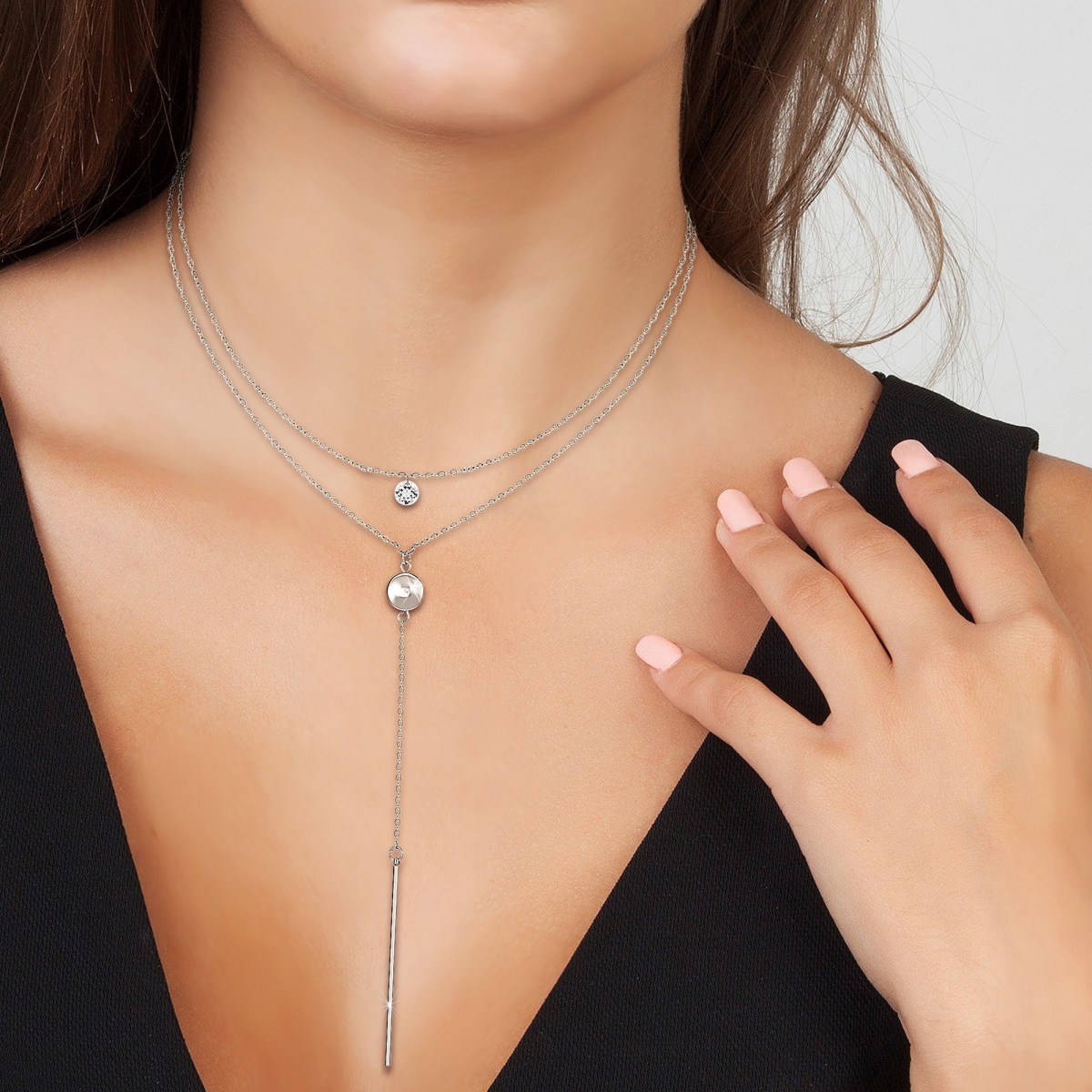 Lot de 2 colliers SC Crystal en Acier Rhodié argenté orné de cristaux scintillants