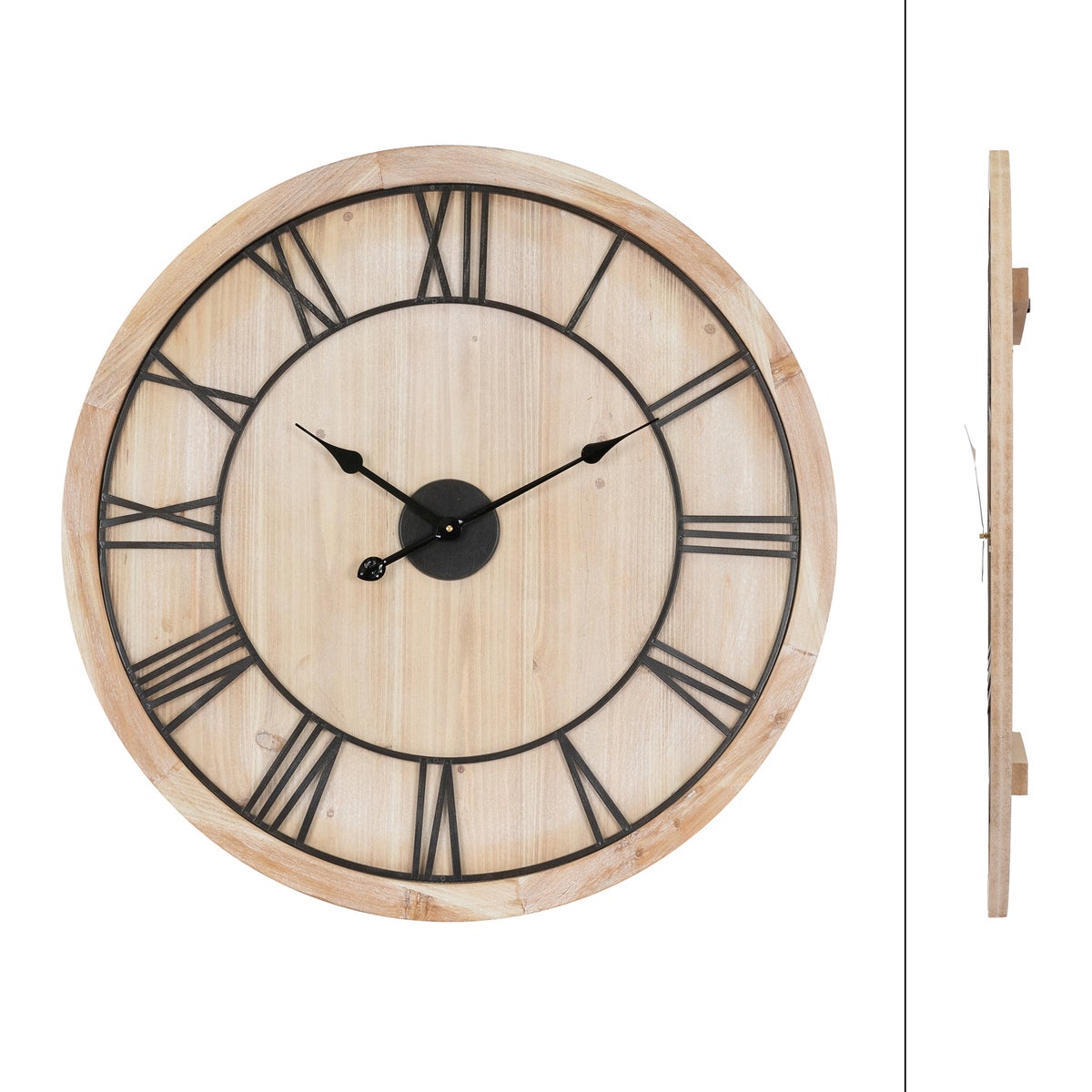 ECD Germany Grote Wandklok Ø 76 cm Rond met Romeinse Cijfers, Decoratieve Klok van MDF-hout en Metaal, Dennenlook, Vintage Stijl Designklok, Stil Uurwerk, Analoge Decoratieve Wandklok
