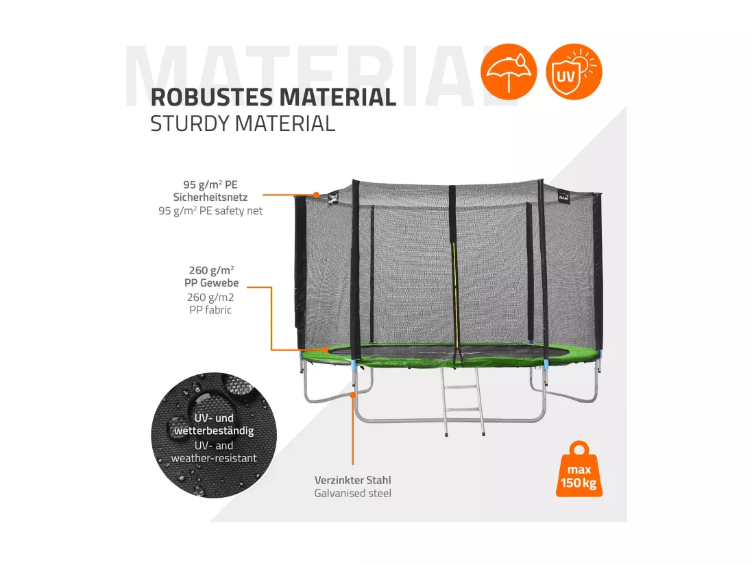 Hauki Trampoline Outdoor, Ø305 cm, vert, certifié GS, trampoline de jardin rond pour enfants jusqu'à 150 kg, set complet avec filet de sécurité, échelle, couverture des bords, barres rembourrées, trampoline stable pour enfants