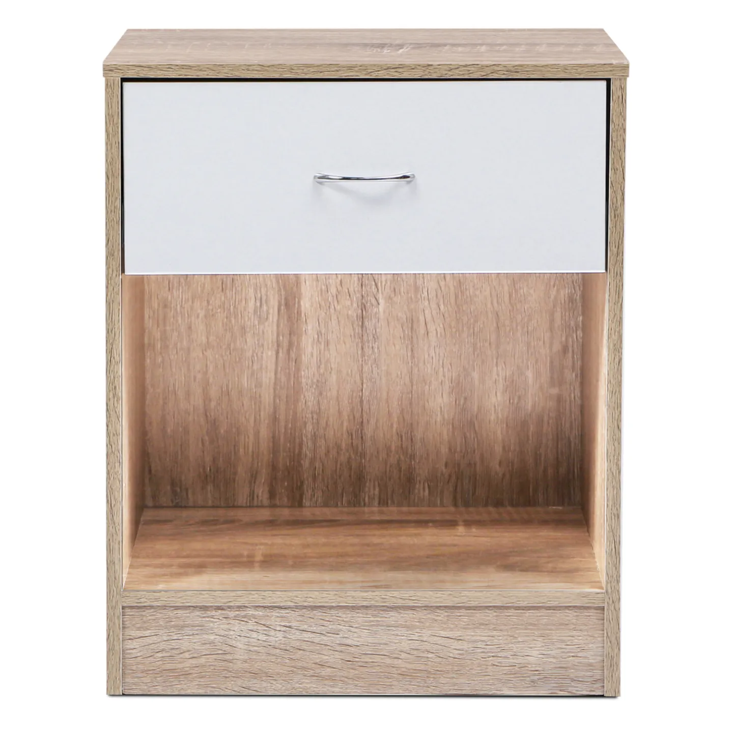 Lot de 2 tables de chevet OLGA 1 tiroir avec niche bois façon hêtre et tiroir blanc