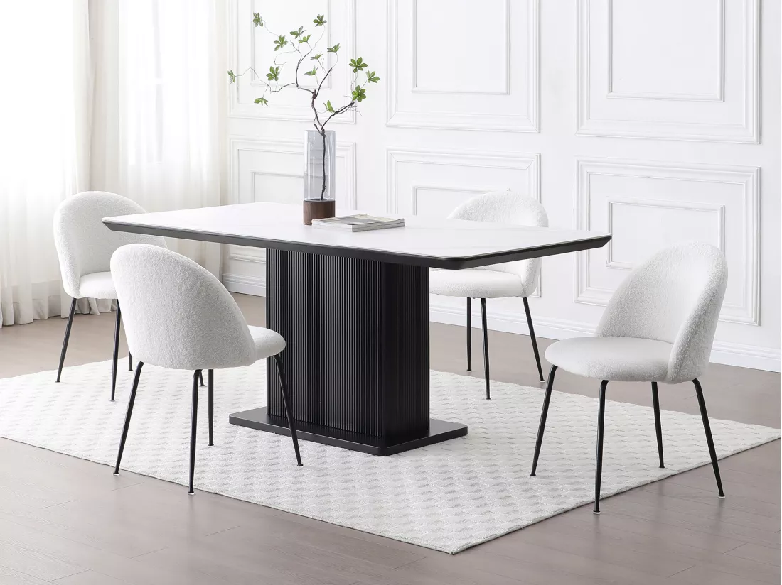 Lot de 2 chaises en tissu bouclette et acier inoxydable noir - Blanc - MELBOURNE