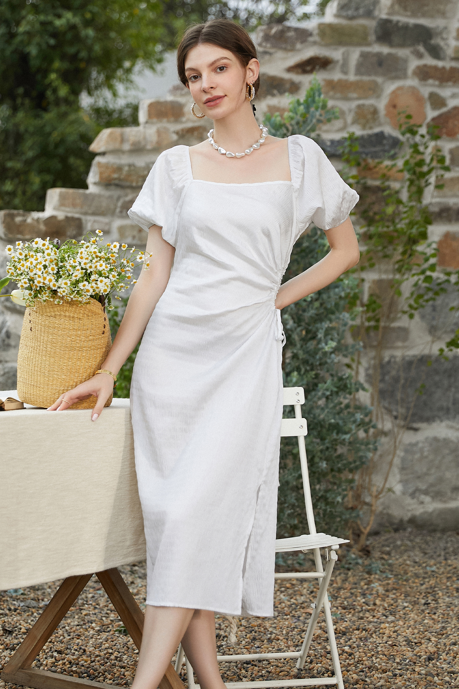 Robe maxi à manches bouffantes découpée ivoire