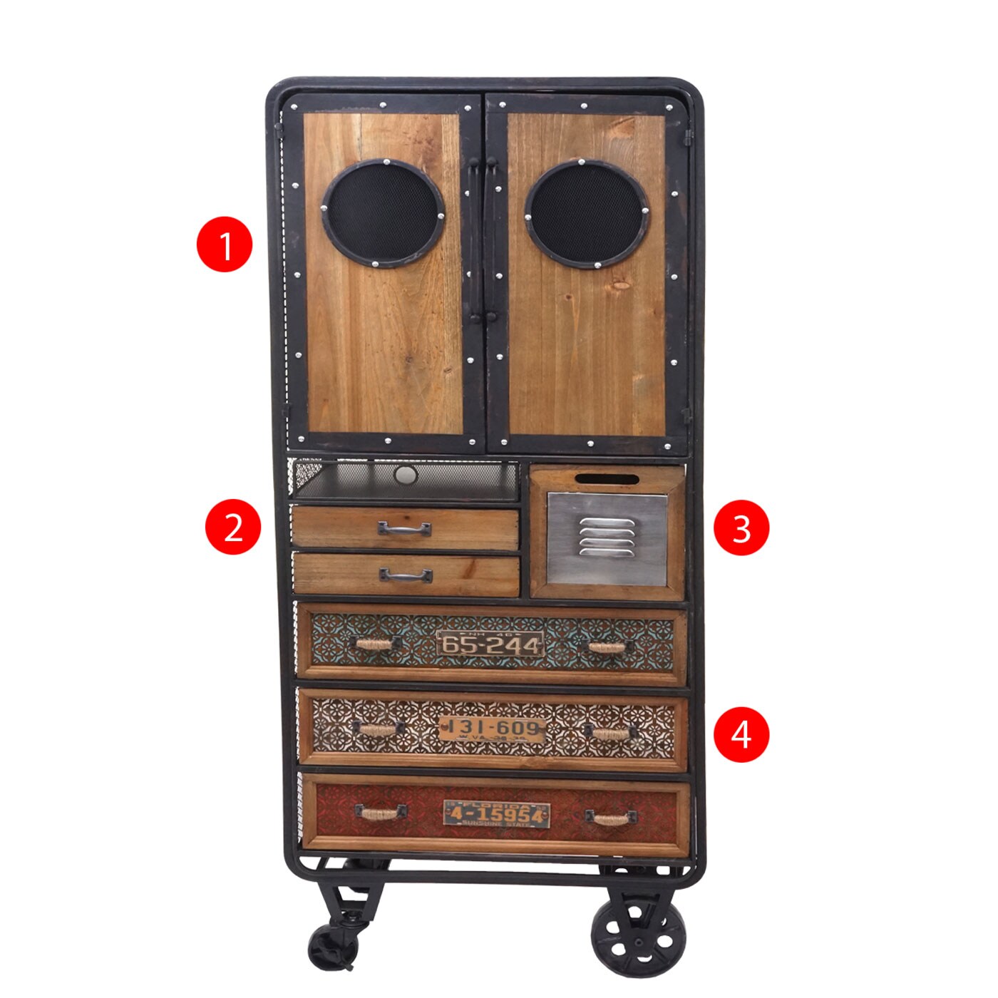 Apotheker-Schrank MCW-D78, Kommode Rollwagen Metallregal, Tanne Holz Vintage Shabby-Look 146x60x35cm