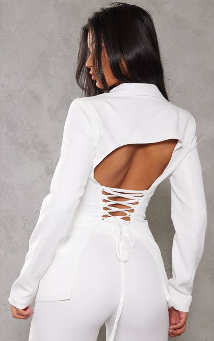 Blanc Blazer Ajusté Avec Laçage Au Dos - Ensemble Coordonné