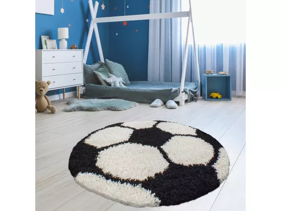 Tapis enfant Ø120cm rond tissé noir et crème SHAGGY FOOT