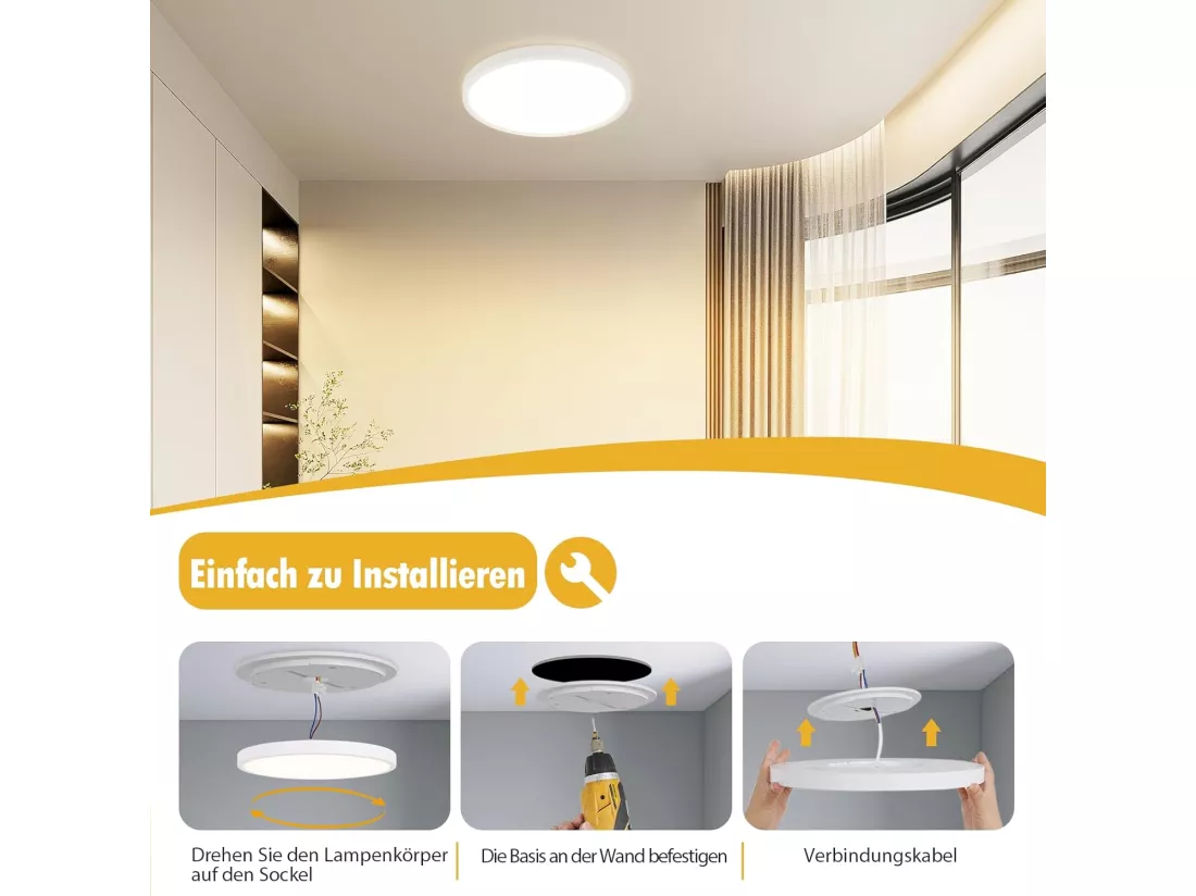 NETTLIFE Plafonnier LED plafonnier salle de bain Ø30cm lampe de chambre rond blanc 24W lampe de couloir 3000K
