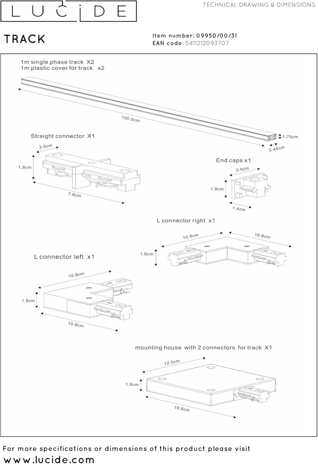 Lucide TRACK Starter-Set - 1-Phasen Stromschiene/Schienensystem - 2 Meter - Weiss