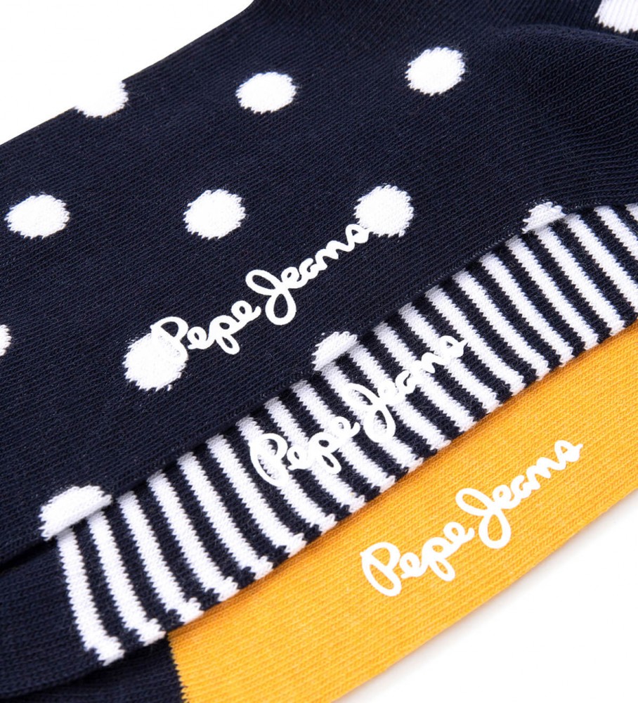 Pacote com 3 pares de meias Pepe Jeans com estampa de bolinhas, nas cores amarela e azul.