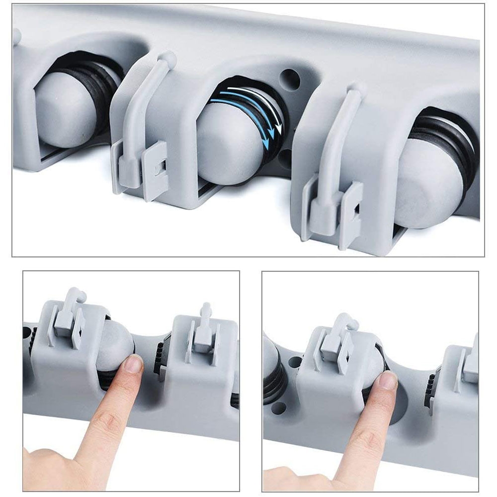 Wand Halterung Stauraum Organizer für Besen / Werkzeug / Mopp mit 4 Schnellspanner   5 Haken - Grau