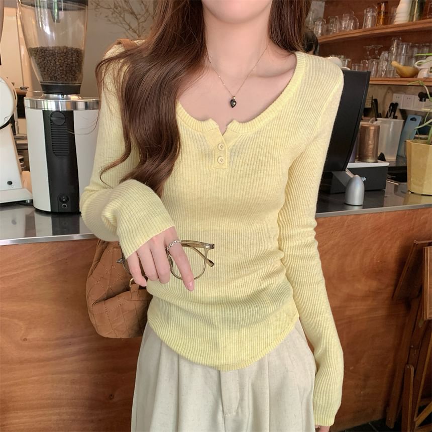 Floral Closet - Henley-top met lange mouwen en geribbelde streep