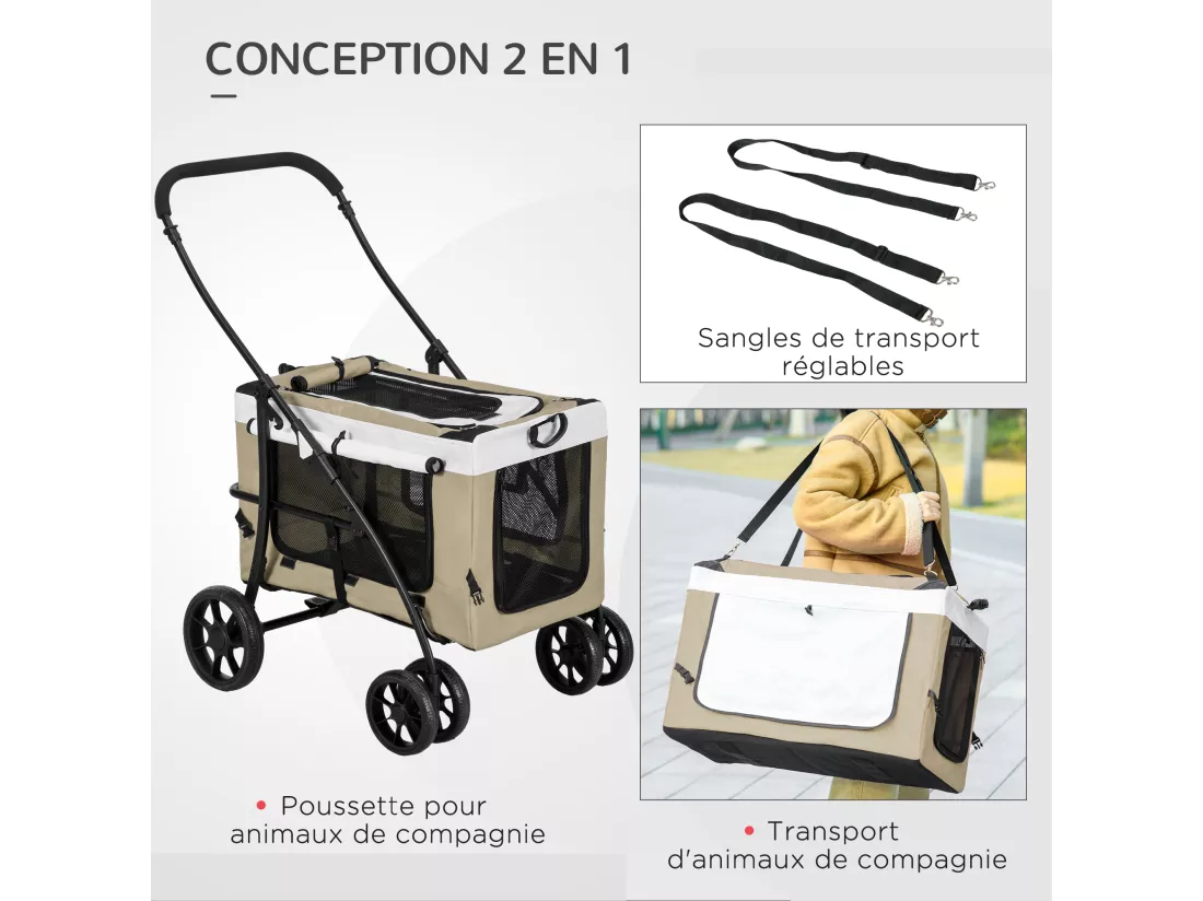 Poussette pliable animaux chien chat nacelle amovible 4 roues kaki