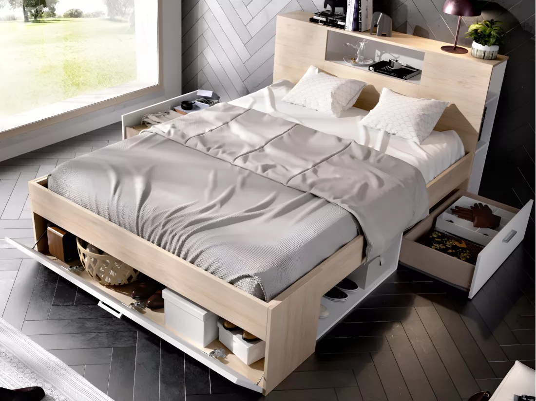 Lit avec tête de lit rangements et tiroirs - 160 x 200 cm - Coloris : Naturel et blanc + Sommier + Matelas - LEANDRE