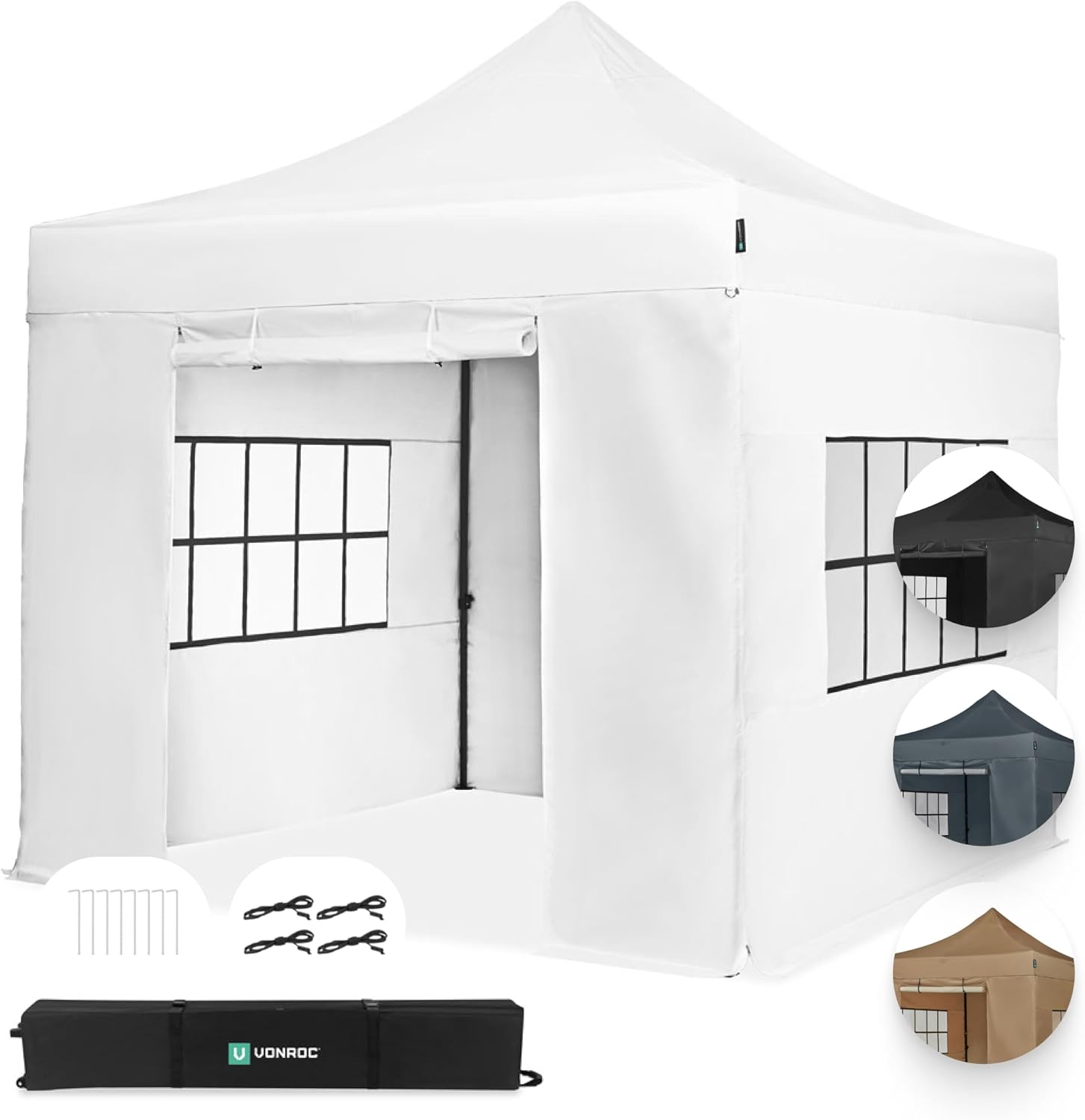 Pavillon Easy-Up 3 x 3 m – Gartenzelt mit Stahlrahmen, wasserdichte Plane, UV-Schutz 50+, Transporttasche mit Rädern – modular und erweiterbar (3x3m Seitenwände, Weiss)