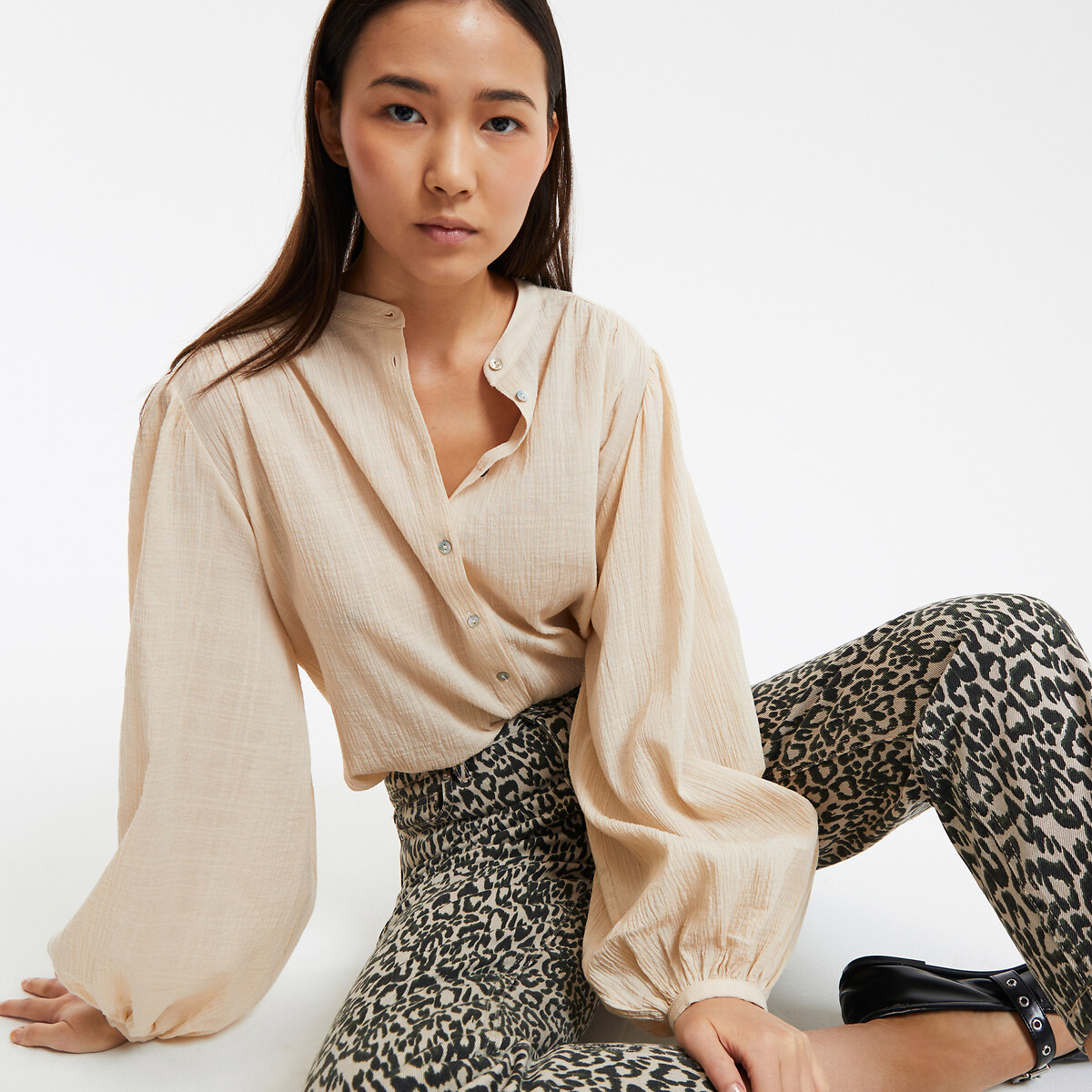 COLEÇÕES LA REDOUTE<br>Camisa oversized com gola mao, assinatura LISE