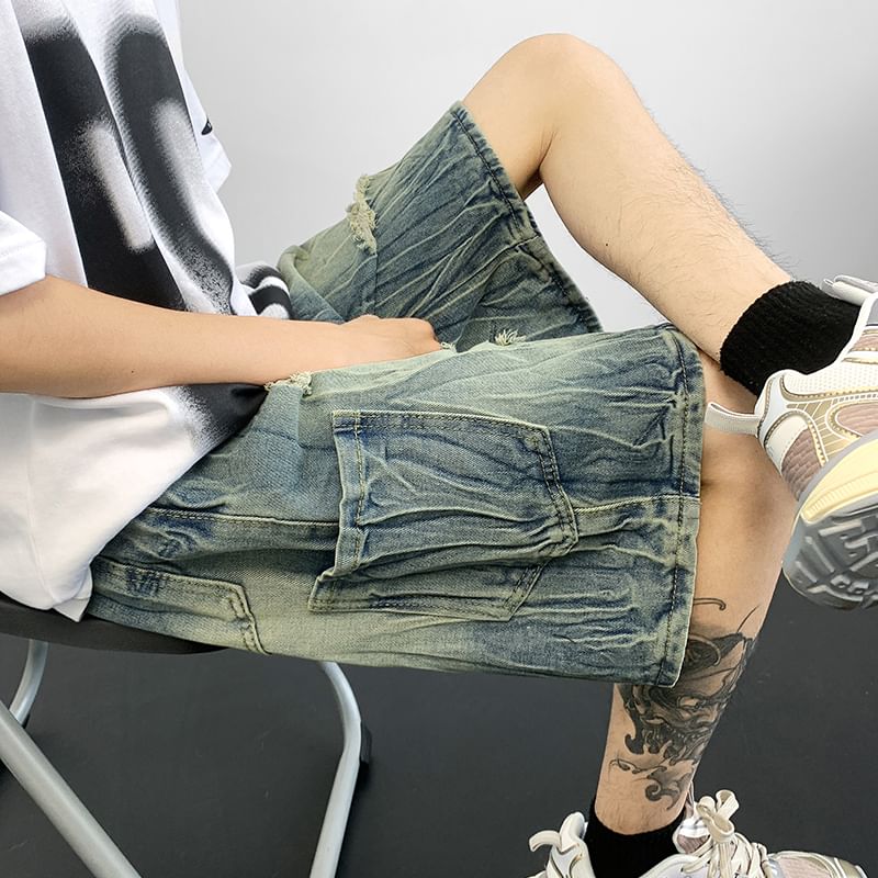 Fushet - Mid Rise Washed Distressed Denim Wijde Pijpen Jorts