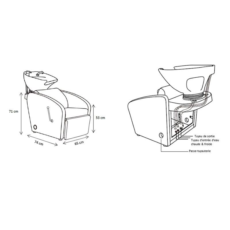 Bac de lavage accoudoirs concaves avec repose jambes ajustable 53x65x74 cm