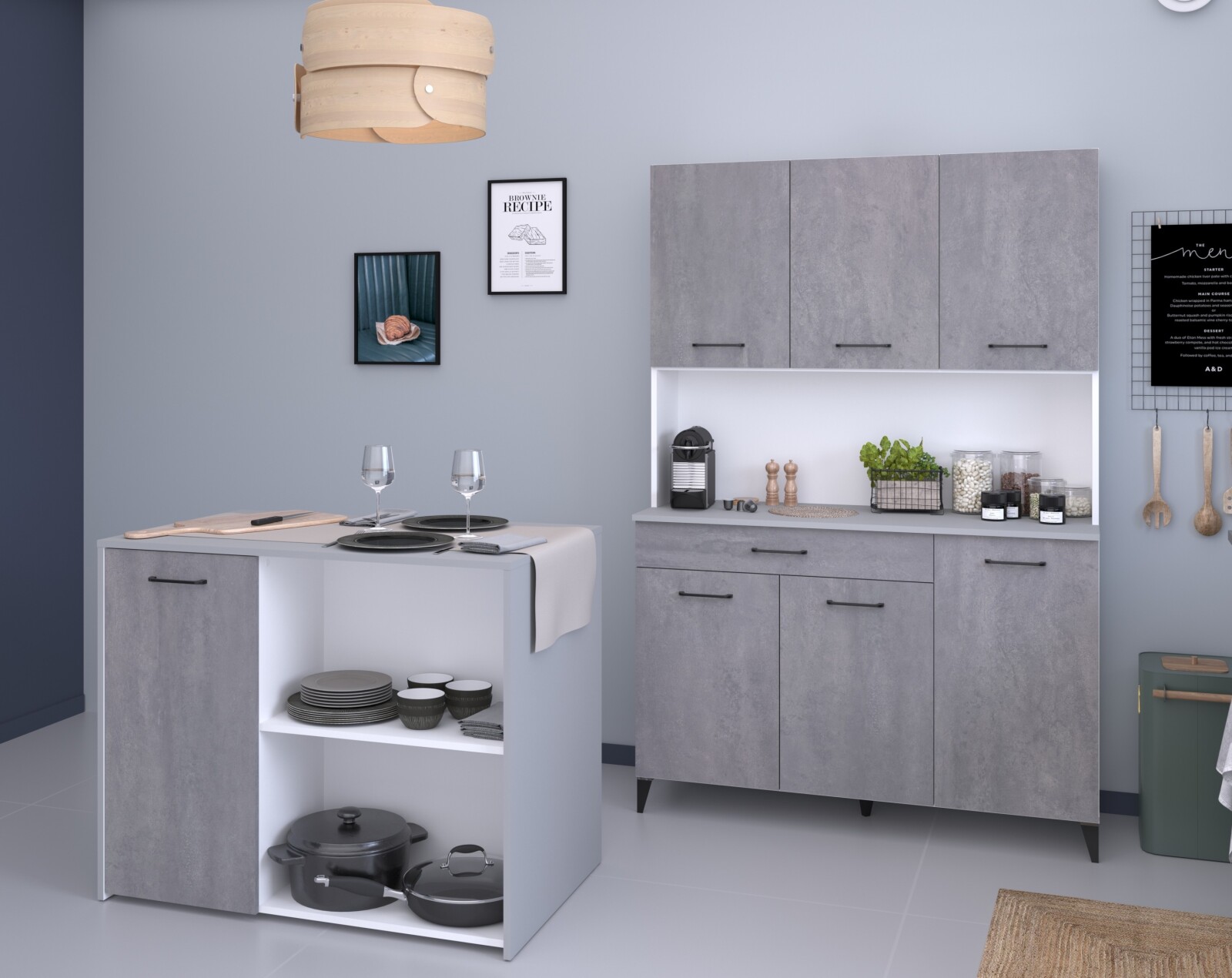 2-teiliges Buffet-Set MALICE 4 - Betonoptik-weiß - 180 cm hoch