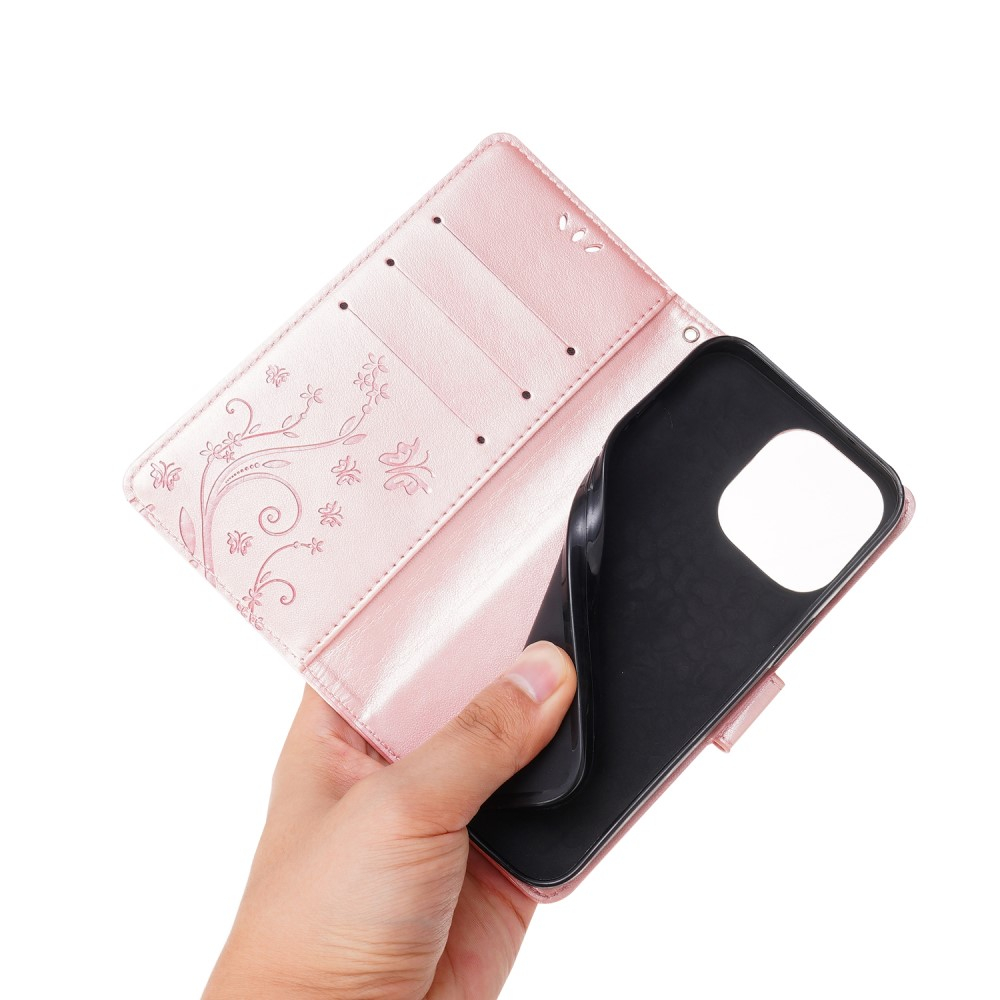 iPhone 13 Leder Tasche mit Kartenfach   Handschlaufe Butterfly Flowers - Rosa