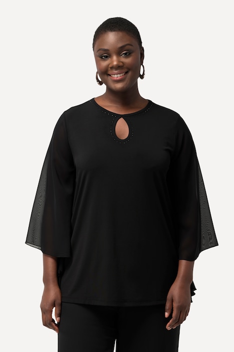 T-Shirt, Ziersteine, Rundhals, Chiffon-Flügelärmel
