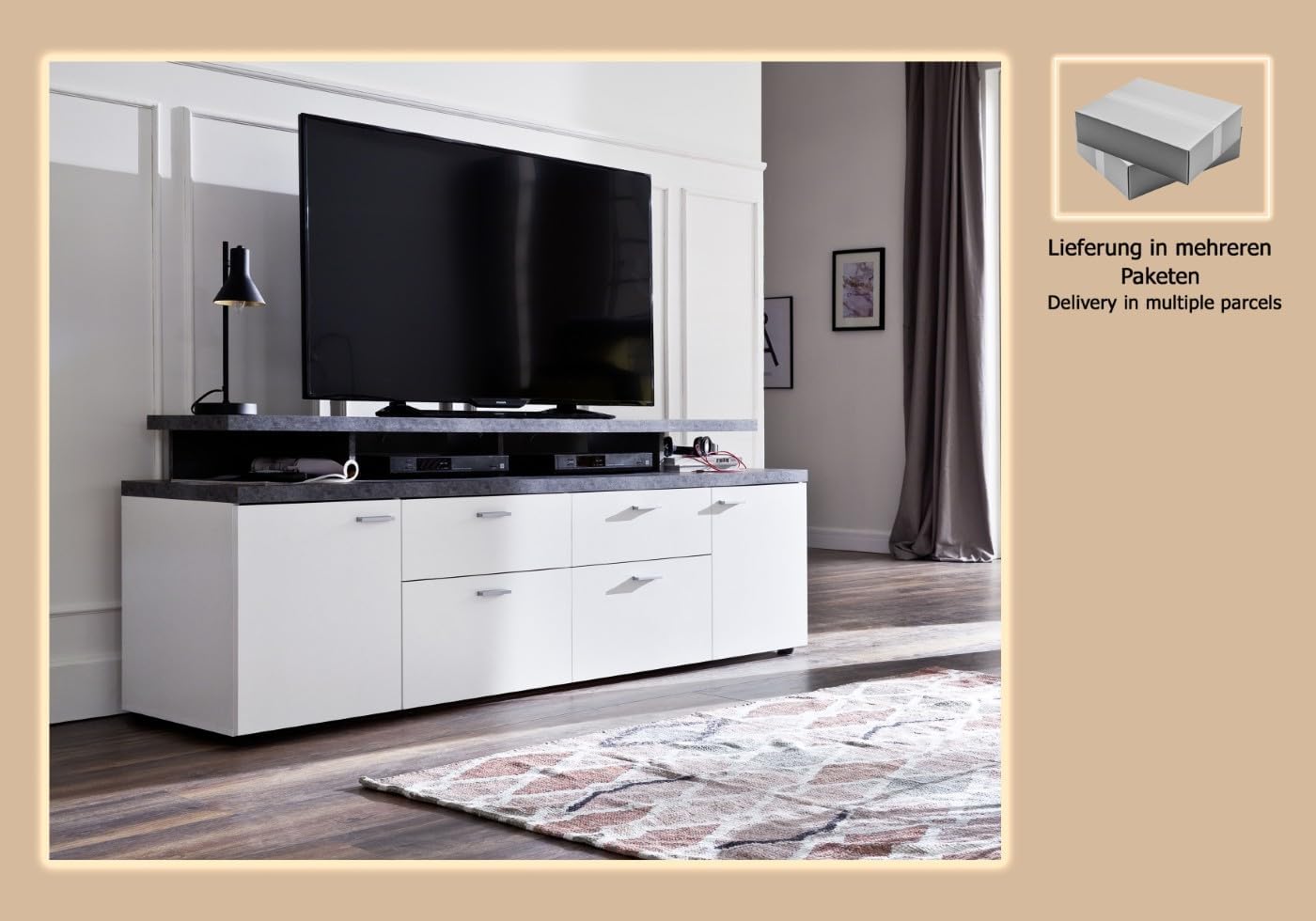 trendteam smart living - Mood - TV-Schrank - Weiß/Grau - TV-Lowboard mit 2 Türen, 2 Schubladen und 2 Klappen - (BxHxT) 180 x 66 x 47 cm - Kabeldurchführung