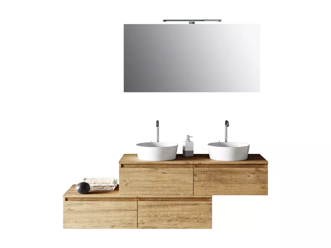 Ensemble de salle de bain double vasque 8 pièces ASTRA chêne miel