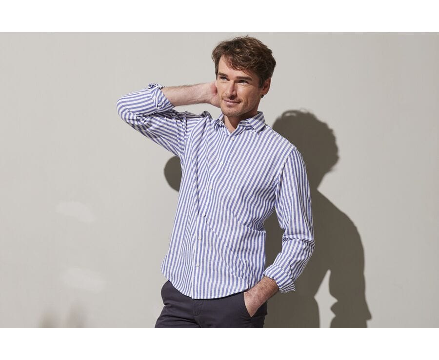 Chemise coton lin rayée bleue foncée et blanche - SIMONIN