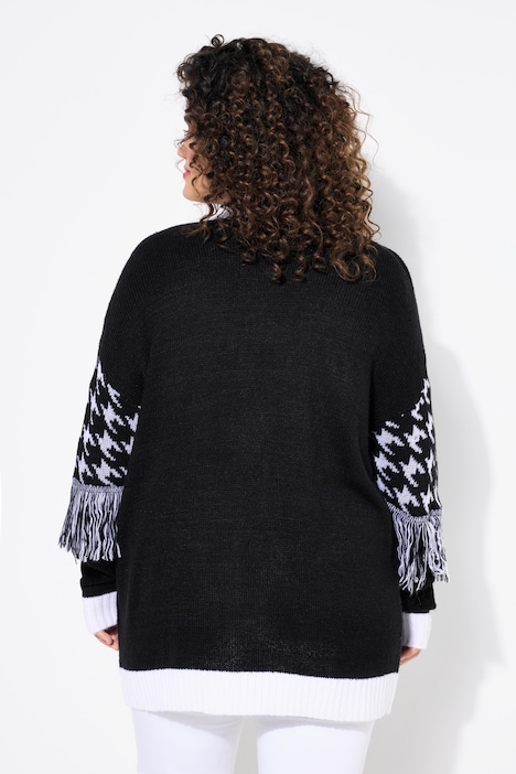 Strickjacke, oversized, Hahnentritt, Fransen, Langarm
