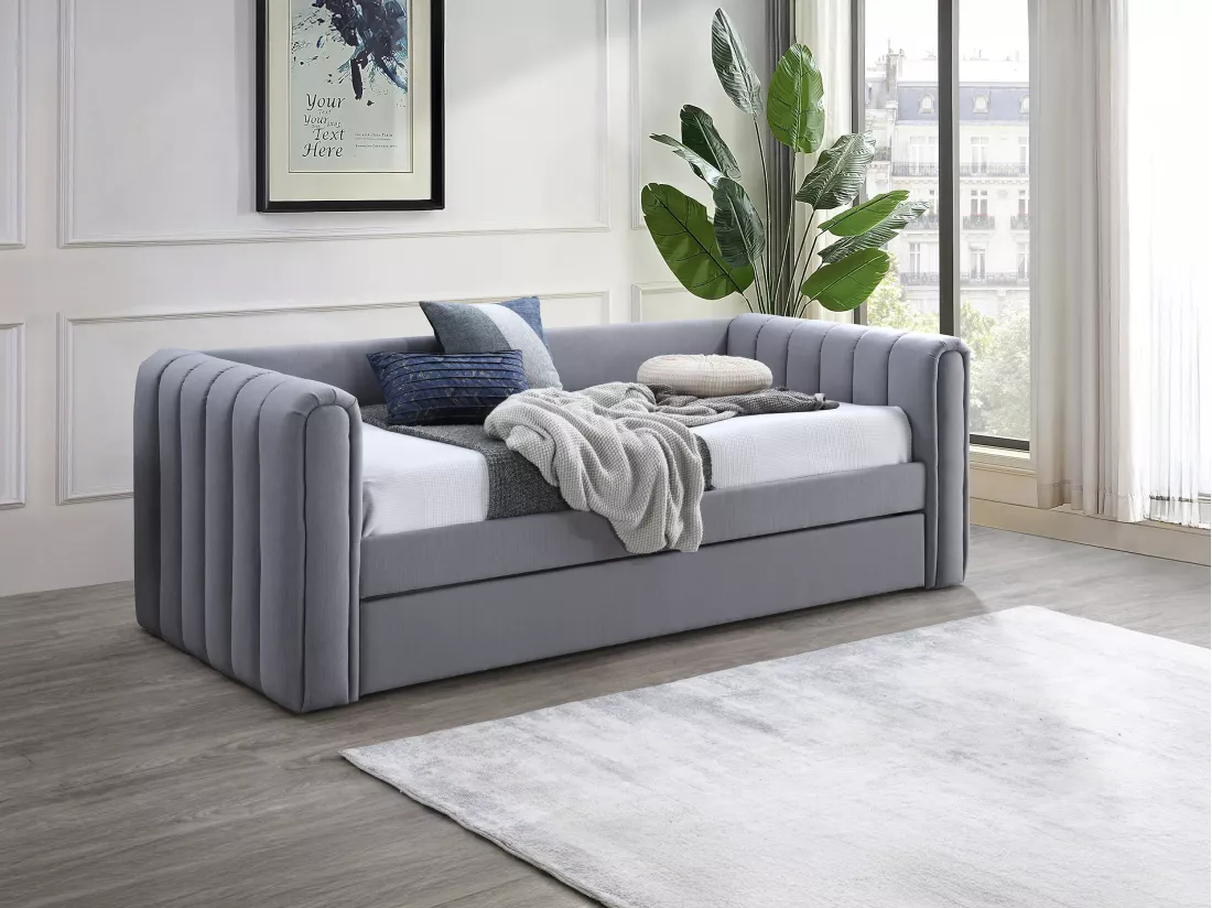 Lit gigogne 90 x 190 cm - Tissu - Gris + Matelas - SAHONA