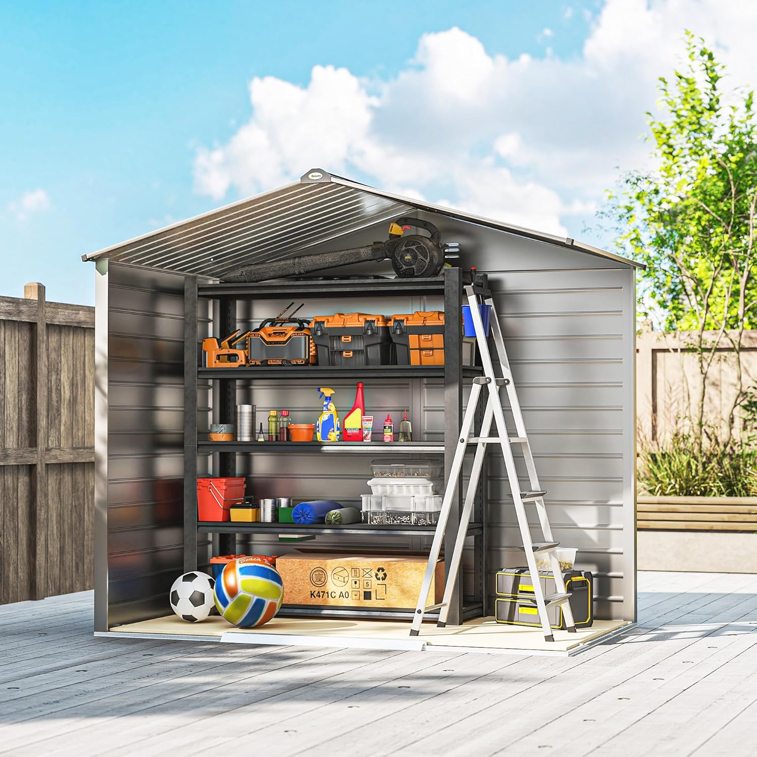 Outsunny Verzinkter Stahl Gerätehaus 2,43㎡ 213x131x192cm Einfach Montage Geräteschuppen mit Satteldach, Abschließbarer Schiebetür, wetterfest Gartenhaus, Outdoor Garten Schuppen für Außenbereich, Grau