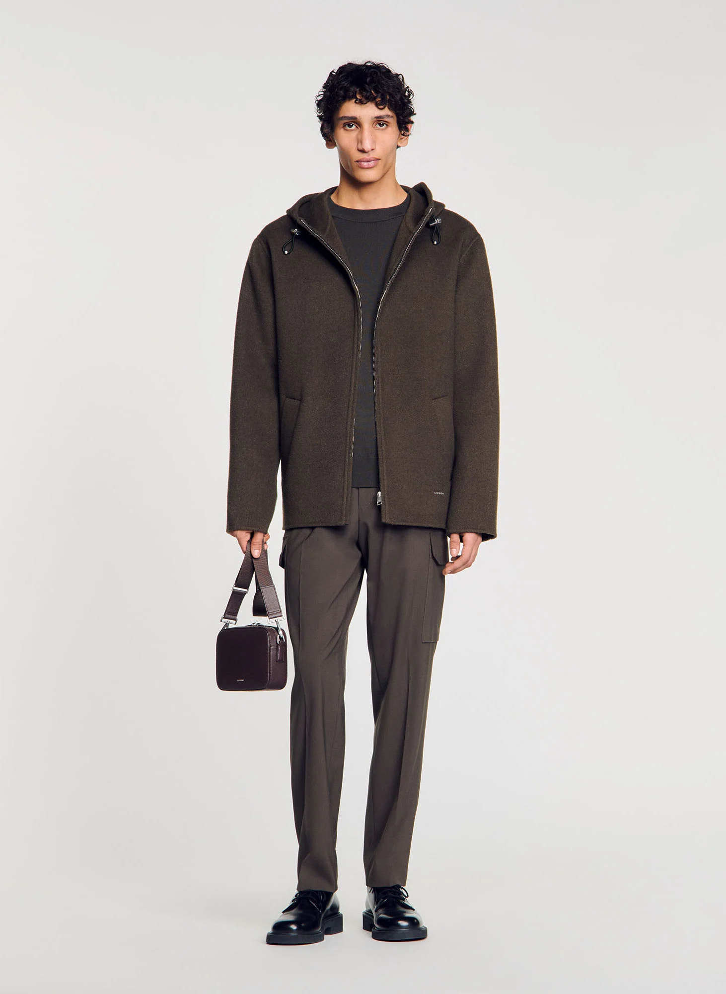 Manteau court à capuche en laine mélangée | Kaki