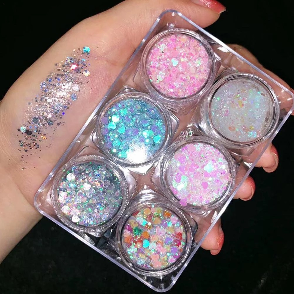 (6er Set) Holographisches Festival Gesichts- und Körper Glitzer Selbstklebende Glitter Gel Lidschatten - Style 1