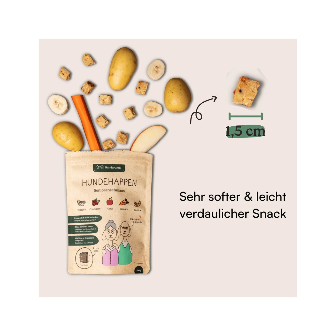 Hunderunde Hundehappen Seniorenschmaus 6x100g I Weiche, pflanzliche Snacks für Hunde jeden Alters – extra soft, leicht verdaulich und einfach lecker