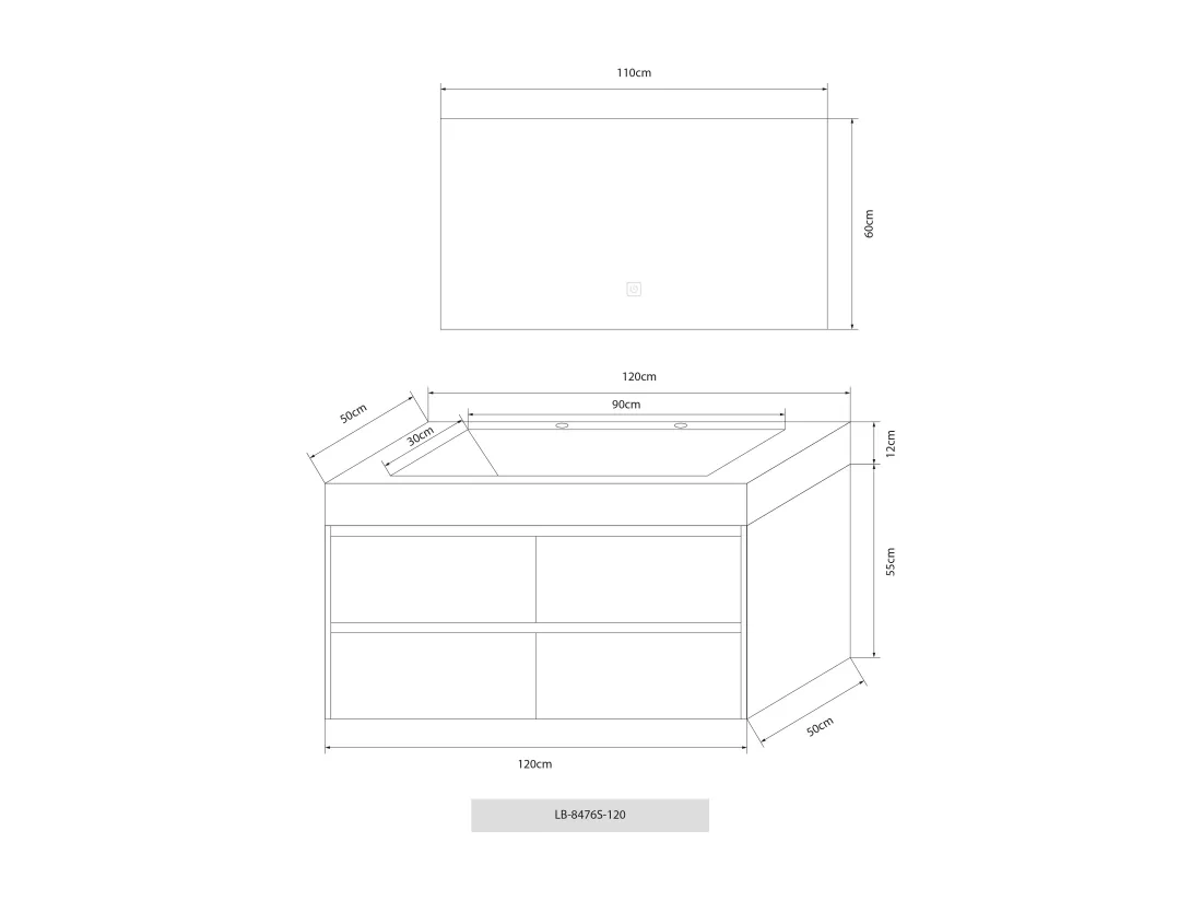 Meuble salle de bain double vasque 120cm bois naturel et effet marbre blanc avec miroir LED LB-8476C-120