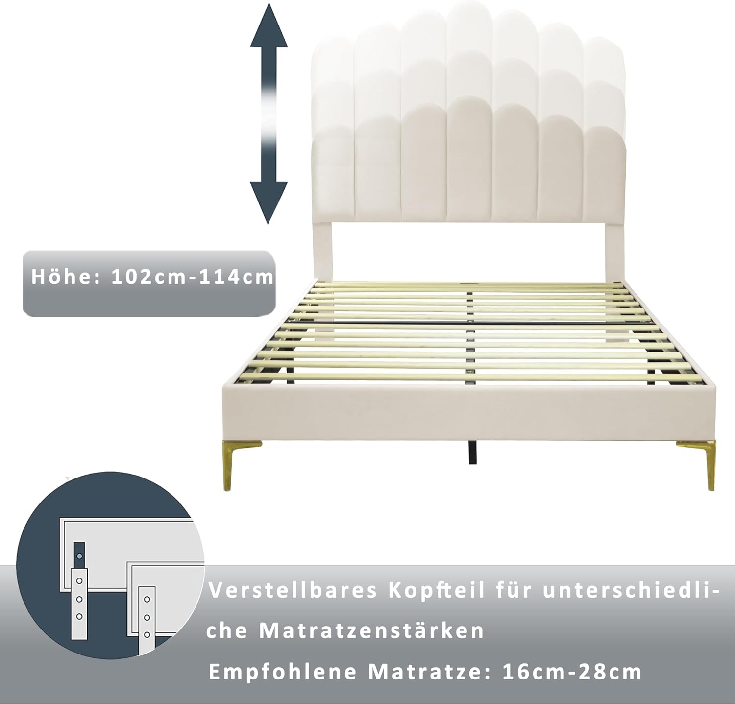 ZYLOYAL10 Polsterbett Doppelbett 140 x 200 cm, Bettgestell mit Kopfteil und Lattenrost, Erwachsenen-Jugendbett-Gästebett in hautfreundlichem Samtstoff (Beige, 140 x 200 cm)