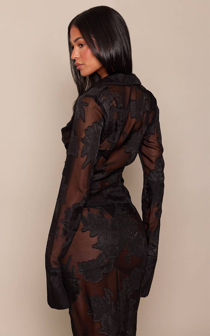 Noir Chemise Ajustée Grande Taille En Mesh Transparent À Motif Floral