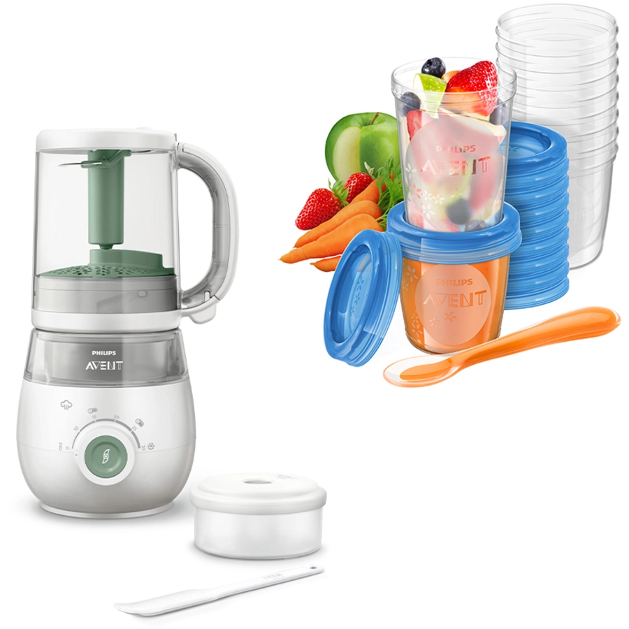 Philips Avent Babynahrungszubereiter 4-in-1 Dampfgarer und Mixer SCF88501 in grün inkl. Aufbewahrungssystem für Babynahrung SCF72120