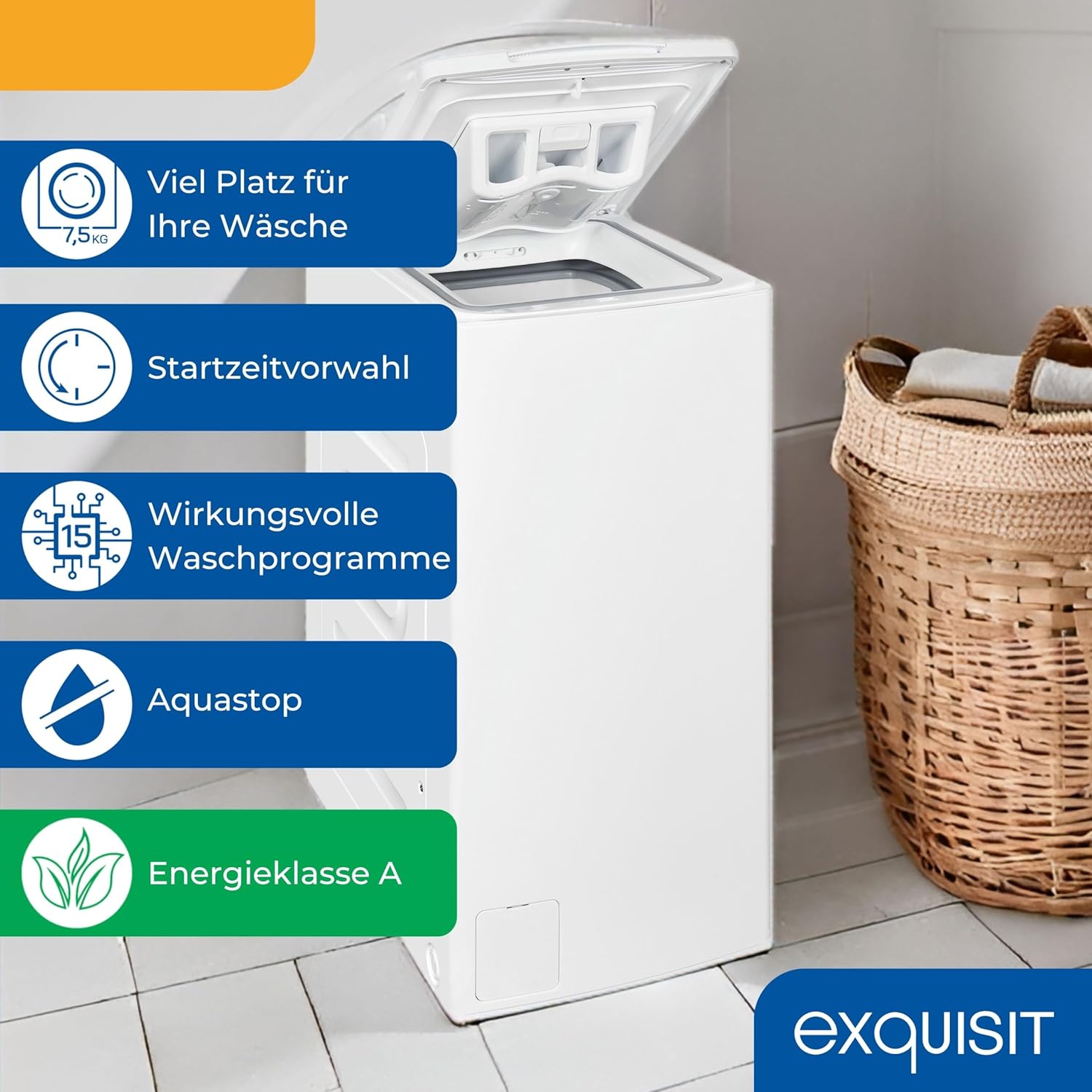 Exquisit Toplader Waschmaschine | 7,5 kg Kapazität, Energieklasse A, 1200 U/Min, 78 dB(A) | schmale Bauform, 15 Programme, Eco 40–60, Kurzprogramm, Startverzögerung, Aquastop | LTO51207-030A weiss