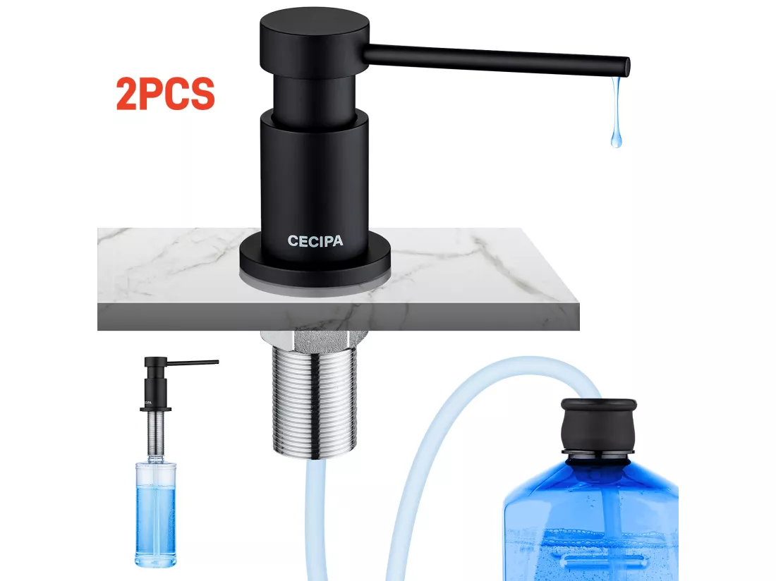 2PCS Distributeur de Savon de Cuisine avec Récipient de 300ML + Tuyau d'extension en Silicone de 1,25M - Distributeur de Savon pour Evier Noir